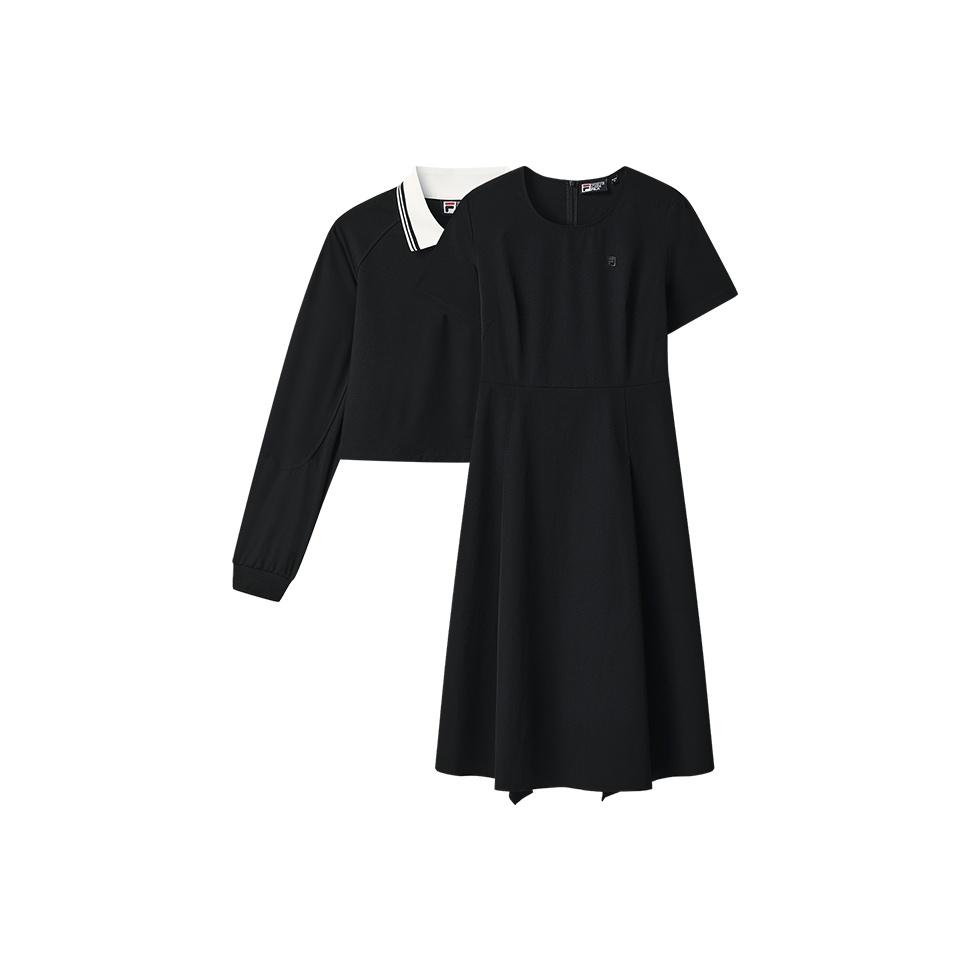FILA White Comfortable Versatile Literary Style Removable Two-Piece Long Sleeve Dress Women Dresses F11W533310F-BK