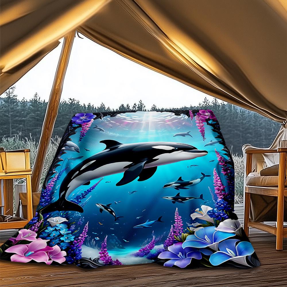 1pc Whale Marine Ocean Outdoor Flannel Blanket , Machine Washable Perfect Gift for Birthday , Holiday Travel Accessory , Durable Material