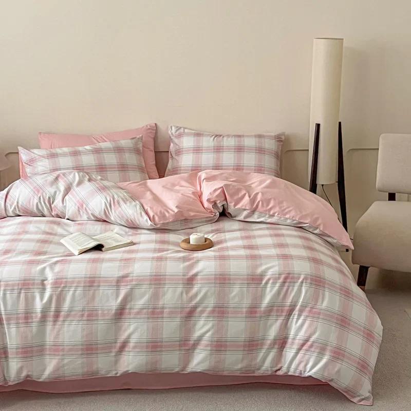 High Quality Grid Printed Flat Sheet Bedding Sets Light Luxury Cotton Soft Quilt Cover Single Double Bed Comfort Set for Adults