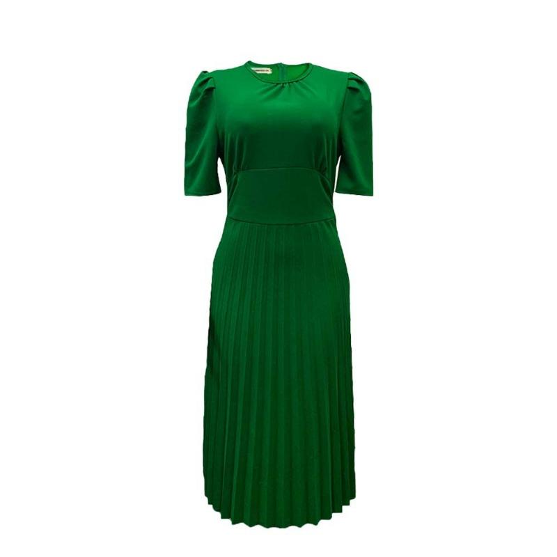 Summer new short-sleeved pleated solid color large-size dress