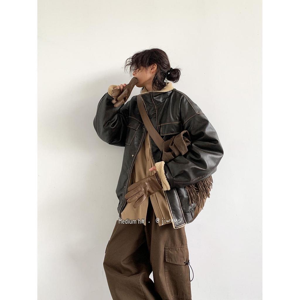 Unisex Japanese Retro Lambswool Leather Jacket for Autumn and Winter