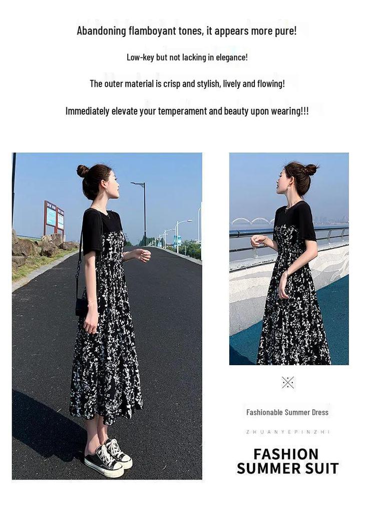 Hepburn Style Women's Floral Patchwork Midi Dress - Elegant High Waist Slimming Skirt for Summer 2026