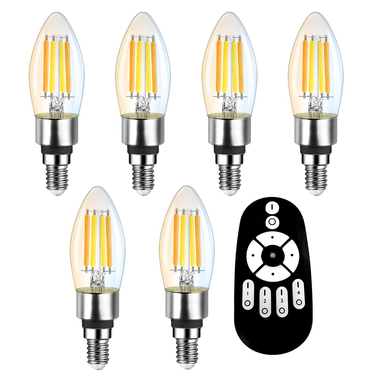 

UEWIT Chandelier Bulbs, Set of 6 LED Bulbs, 600lm, B11 E17, 4.5W Power Consumption (50W Equivalent), Remote Control, Stepless Dimming, 90% Energy