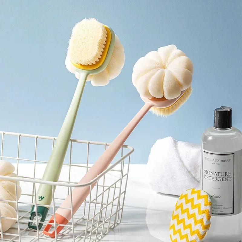2-In-1 Long Handle Pet Bath Brush - Soft/Hard Bristles & Double-Sided Exfoliating Grooming Tool For Dogs & Cats Showering