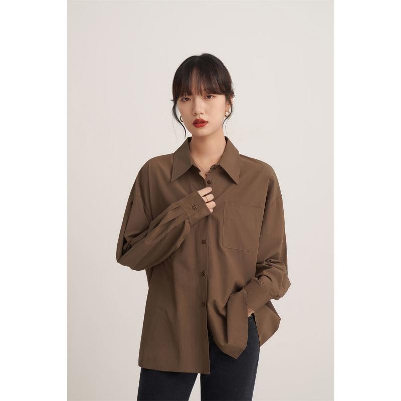 Camisa Feminina Estilo Francês Primavera Outono Nova Marrom Manga Longa Moda Design Top Solto