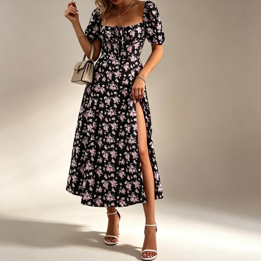 European and American Women's Clothing 2026 Summer New Small Fresh Floral Slim Split Fork European and American Suspender Dress Women