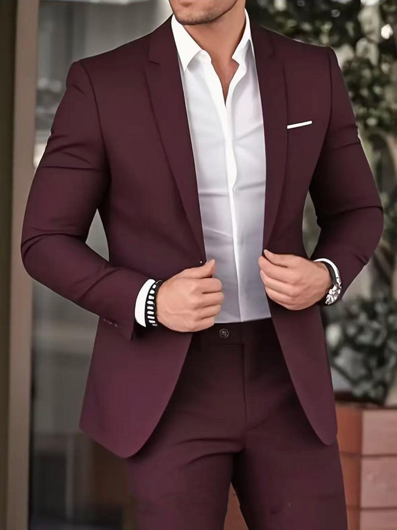 Men Solid Color Slim Fit Formal Business Banquet Suit Set S
