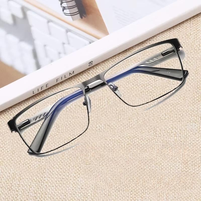 Men Square Metal Large Frame Spring Leg Myopia Glasses Classic Blue Light Blocking Elderly Protection Eyeglasses