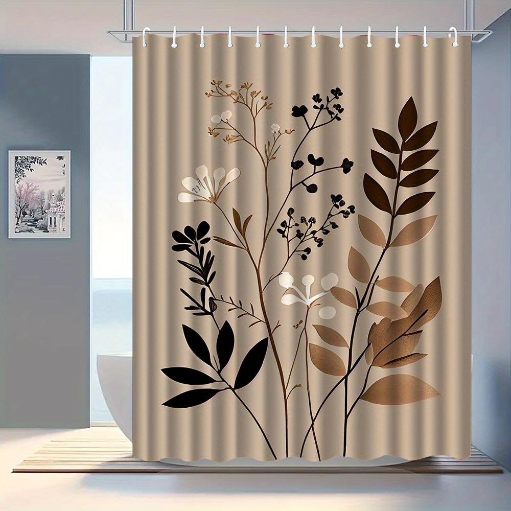 1pc Brown Leaf Pattern Shower Curtain, Polyester Fabric, Machine Washable, with Hooks, Suitable for Bathroom Décor.