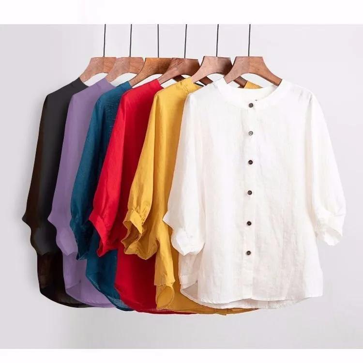 Women's Spring Vintage Boho Cotton-Linen Shirt with Bell Sleeves and Relaxed Mid-Length Fit