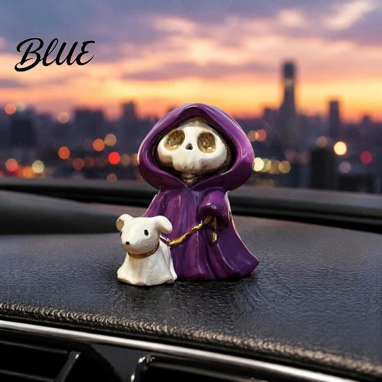 Halloween Skeleton Statue Purple Robe Figurine for Halloween Middle Finger Room Decor Resin Statue Gothic Walking Dog Sculpture Ornament