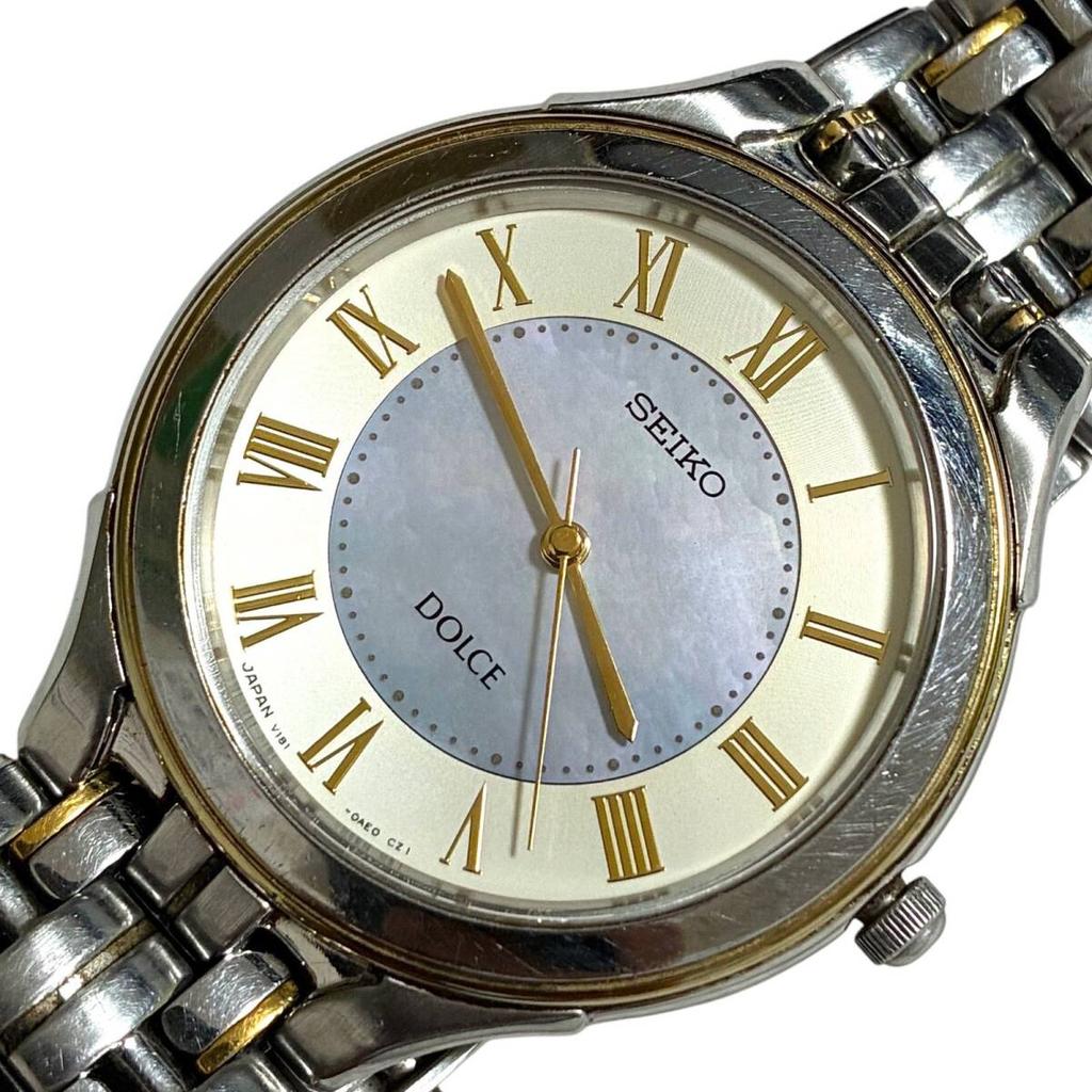 Working Seiko Dolce Solar Watch with Purple Roman 3 Strap V181-0AC0 Mother-of-Pearl Dial, Numerals, Hands, [bp4]