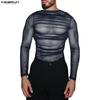 INCERUN Men Long Sleeve Ruffled See Through Mesh Party Tops T-Shirts