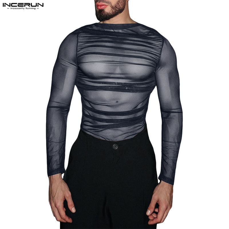INCERUN Men Long Sleeve Ruffled See Through Mesh Party Tops T-Shirts