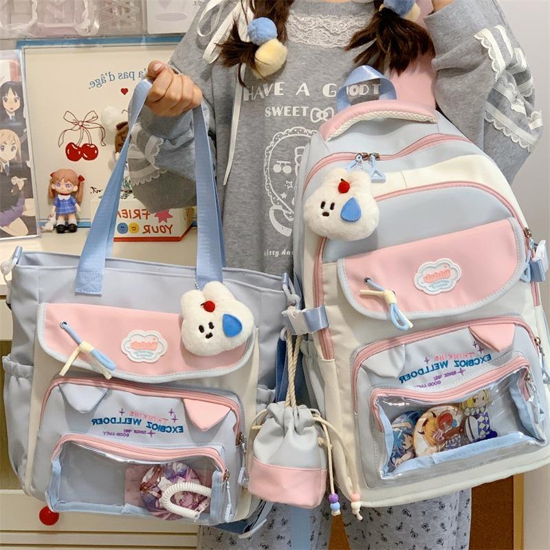 New contrasting color schoolbag for women, high-value college style, sweet girl pain bag for primary and secondary school students, two-piece backpack