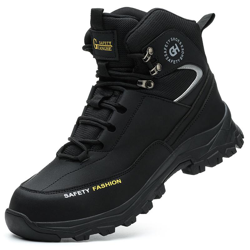 Mens Safety Shoes Steel Toe Boots Black Leather Work Shoes Waterproof Work Safety Boots Construction High Top Protective Boots