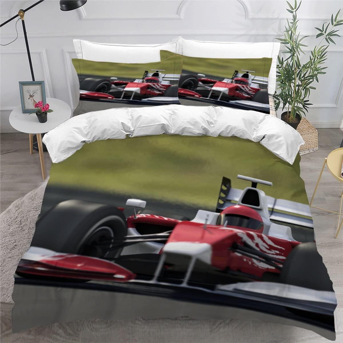 F1 Race car 3D Printed with Zipper Closure,Soft Bedding Set Microfiber 2 Pieces 1 Quilt Cover with 2 Pillowcases Kids Teens 135*200cm
