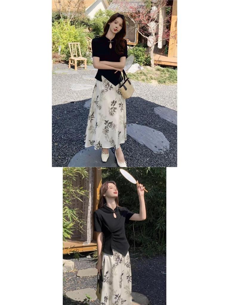 2026 Spring Chinese-Inspired Black Frog Button Top & Floral Silk Skirt Set for Women