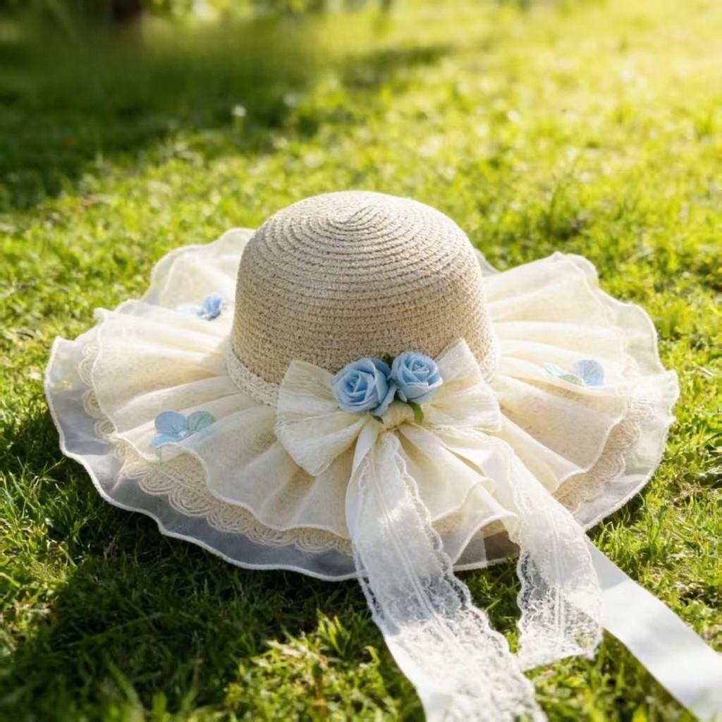 Summer Straw Hat With Lace Bow And Wide Brim For Sun Protection And Beach Vacation