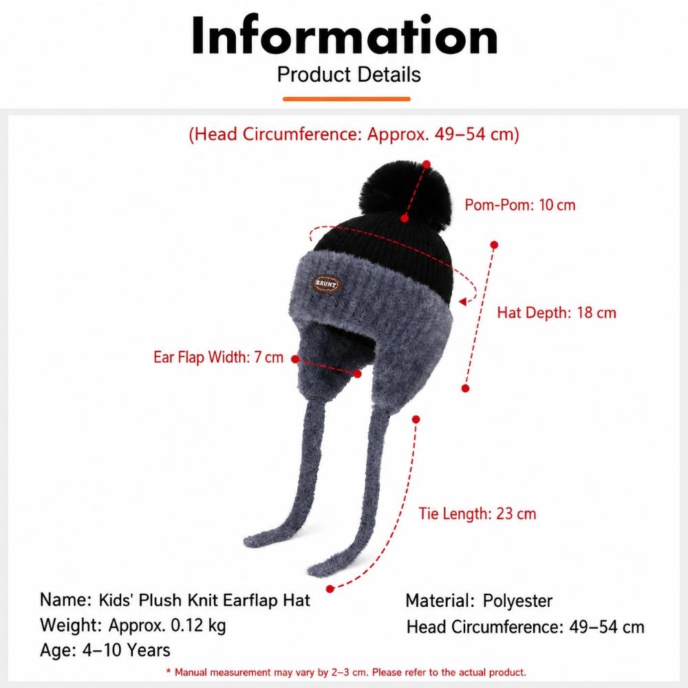 Kids Winter Knitted Earflap Hat with Pom Pom, Plush Lining and Long Ties, Warm Windproof Polyester Cap for Ages 4–10Years