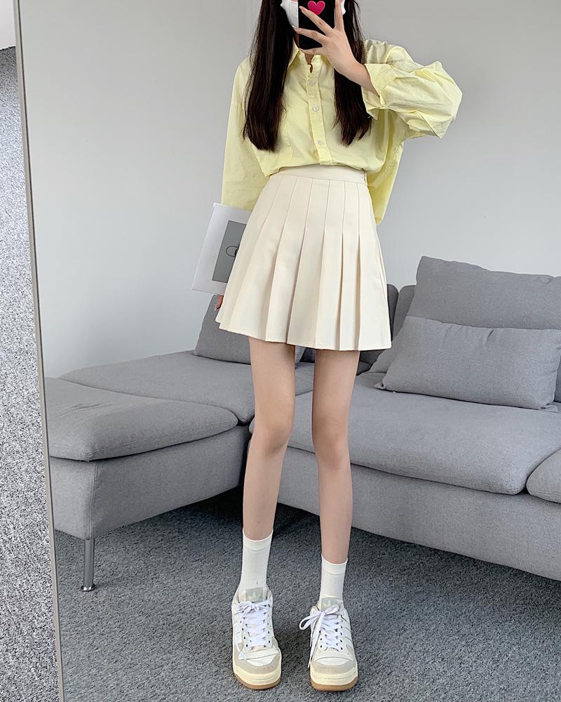 Women's Plus Size Khaki Wool Pleated A-Line Skirt - High Waist, Short Length, Ideal for Spring and Autumn
