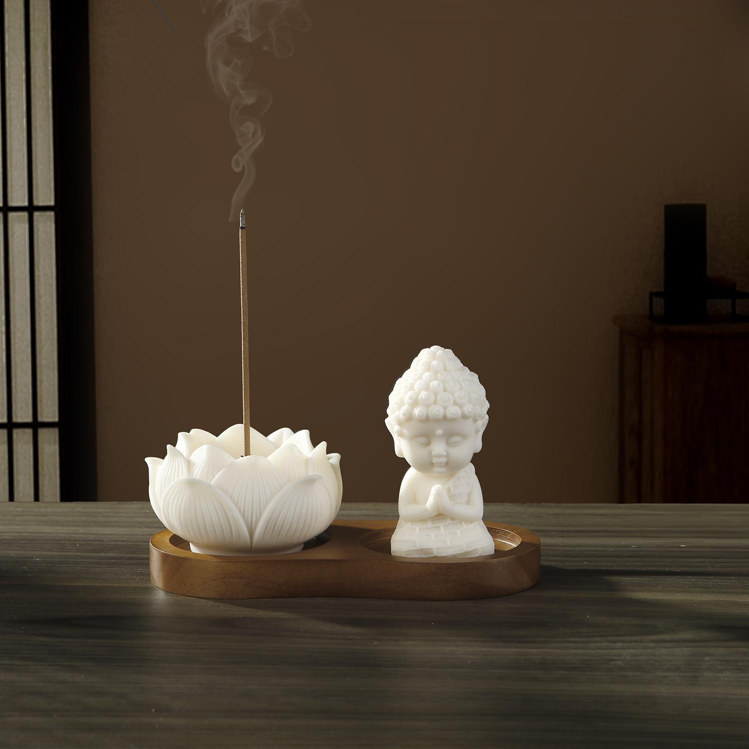 

Ceramic Lotus Incense Holder for Sticks Creative Little Monk Incense Burner with Wooden Incense Tray for Yoga Meditation