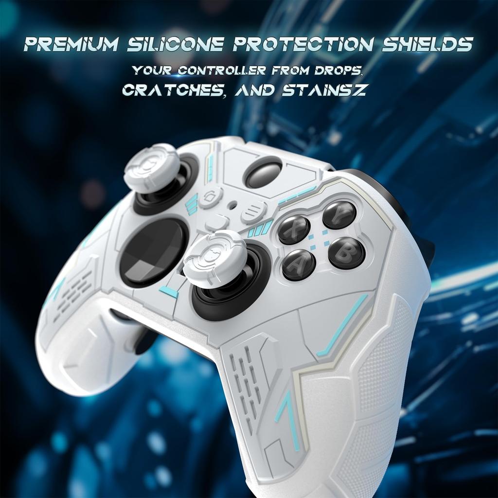 PlayVital Stellar Mecha Silicone Protective Cover for Xbox Elite Series Grip Protector with 2 Thumb Grip Caps and Mechanical White 2, Non-Slip