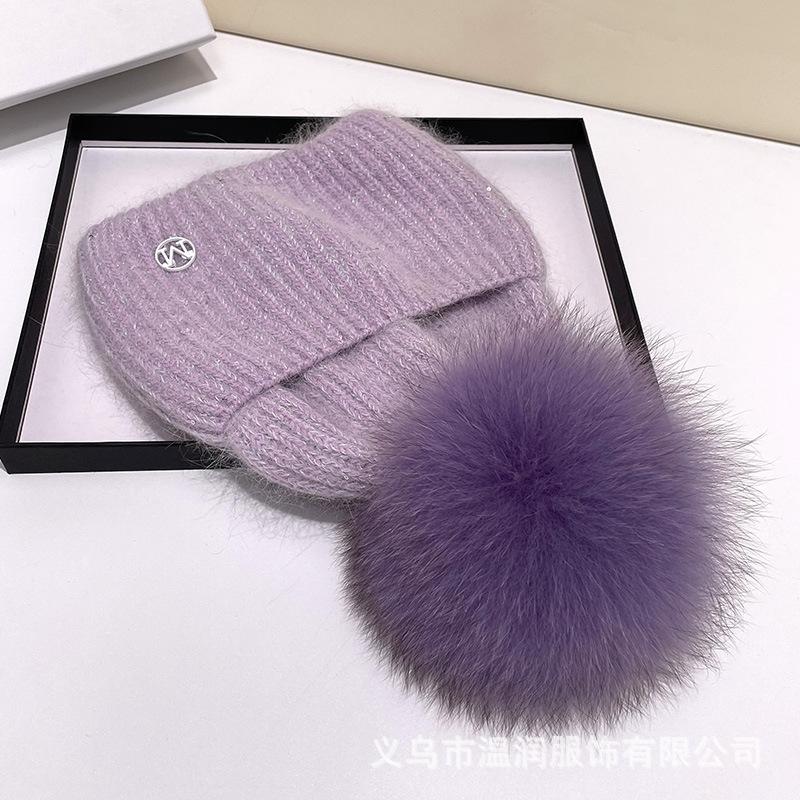 Bestseller M Logo Beanie Hat Women Winter Warm Faux Fox Fur Pom Knit Wooly Cap Slouchy Pull-On