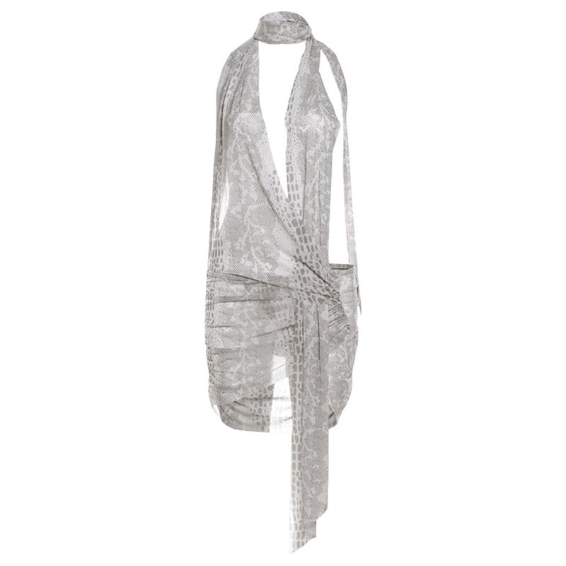 

Outfitgir Сексуальный Клубный Наряд для Отпуска Горячая Одежда Принт Змеиный Узор Халтер Шнуровка Асимметричная Юбка с Заниженной Талией Snake Pattern L