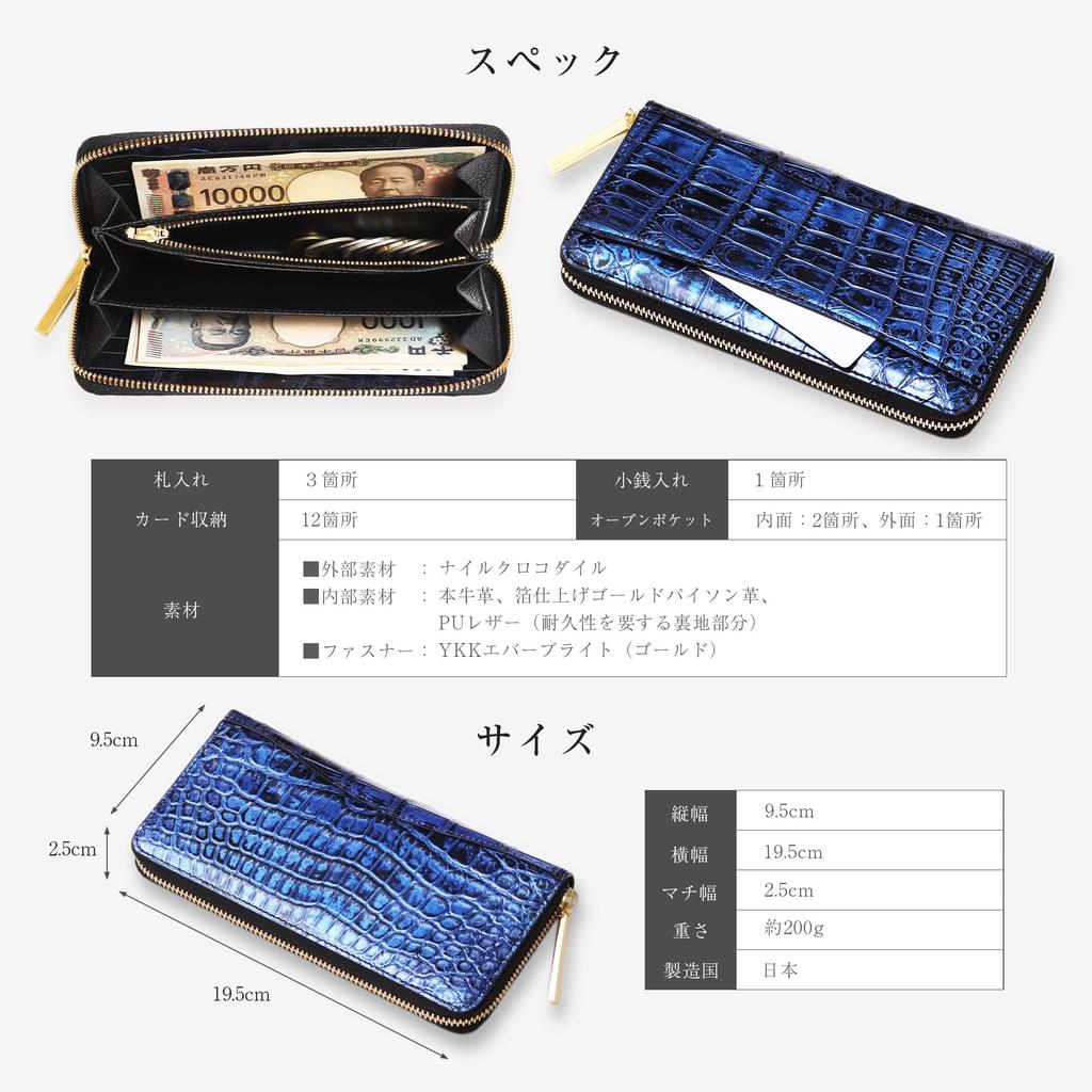 CLW Crocodile Leather Works Crocodile Zip-Around Long Wallet In Midnight Blue. Made In Japan. Blue Pearl. Men's Long Wallet. Brand Name. Gift. (Gold