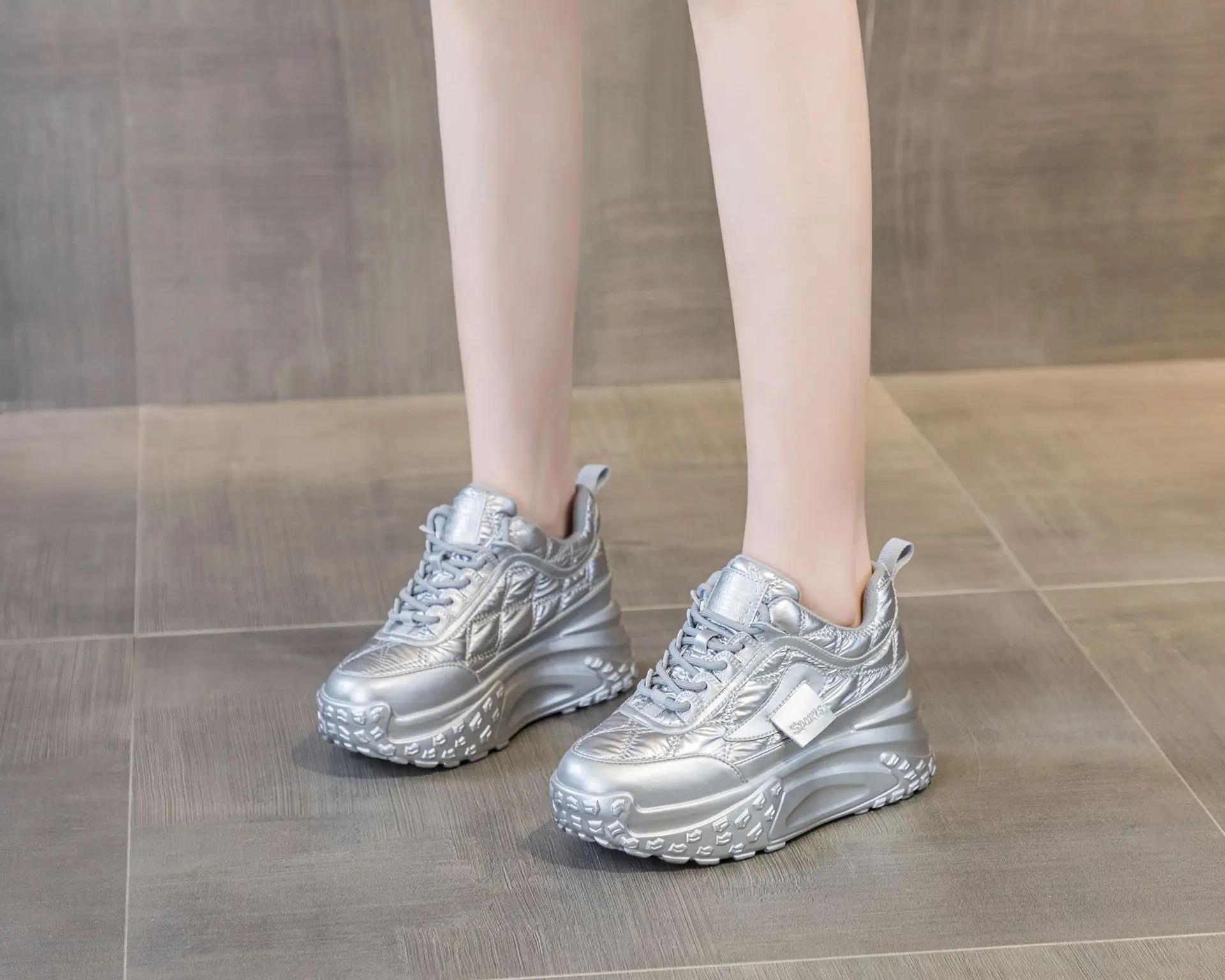 

Platform Sneakers Women Inner Raised Genuine Leather Women s Shoes Spring New Versatile Thick Soled Casual Shoes Woman Shoes 40 серебряный
