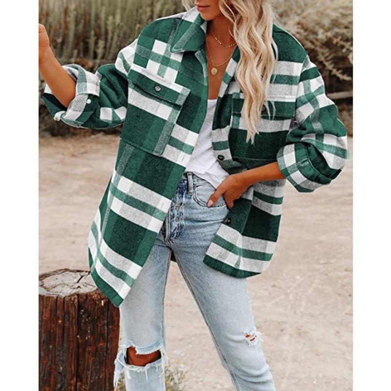 Autumn Winter European and American Women's Wear Autumn/Winter Long Sleeve Polo Collar Loose Plaid Thickened Woolen Coat