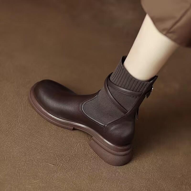 Thick Soled Martin Boots for Women 2024 New Autumn Brown Boots Women's Socks Boots Slim Boots British Style and Western-style Short Boots
