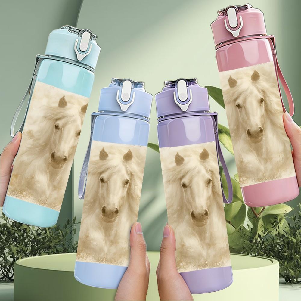 1PC White Horse Soft Portrait Art 750ml Color Plastic Sports Water Bottle Leakproof Flip Straw Lid Suitable for Sports Office Home Use