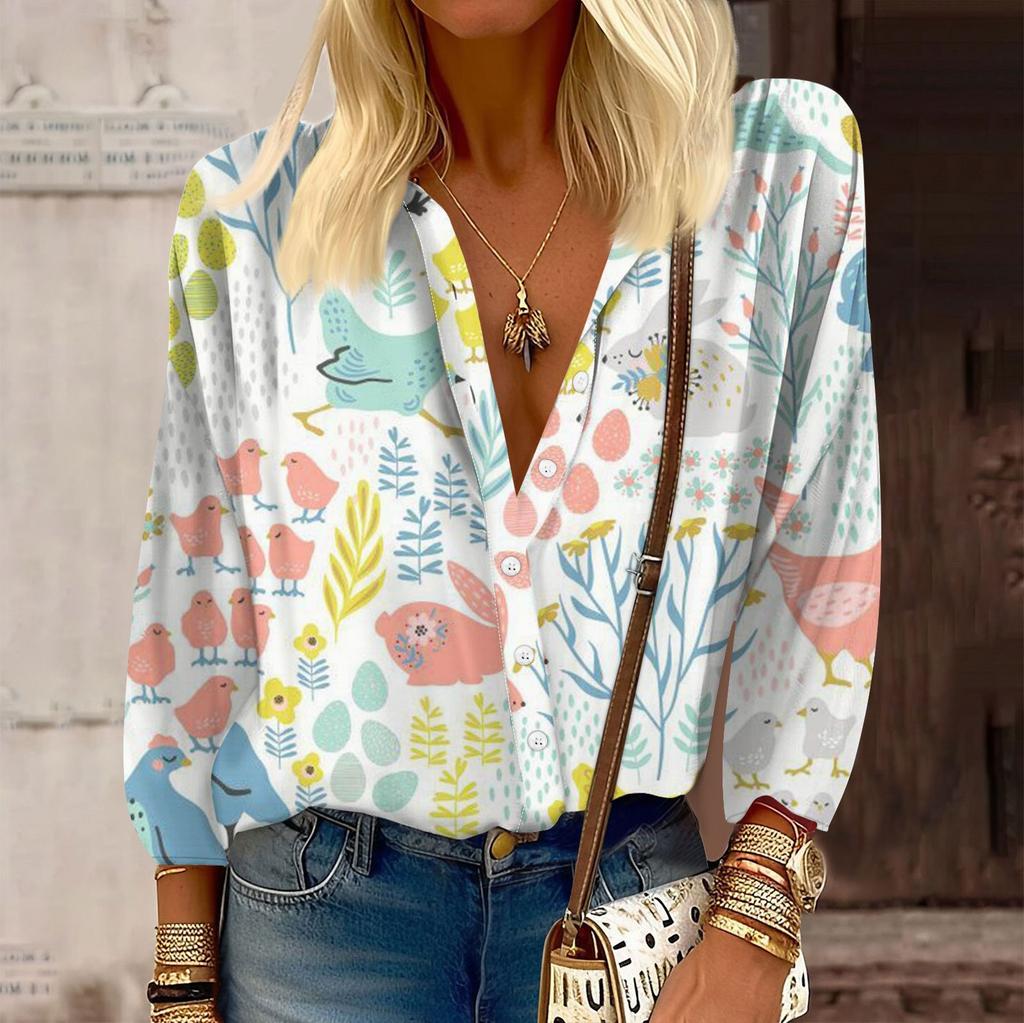 Women's Shirt Button Casual Easter Print Fashion Round Neck Drop Shoulder Seven Sleeve Shirt Top