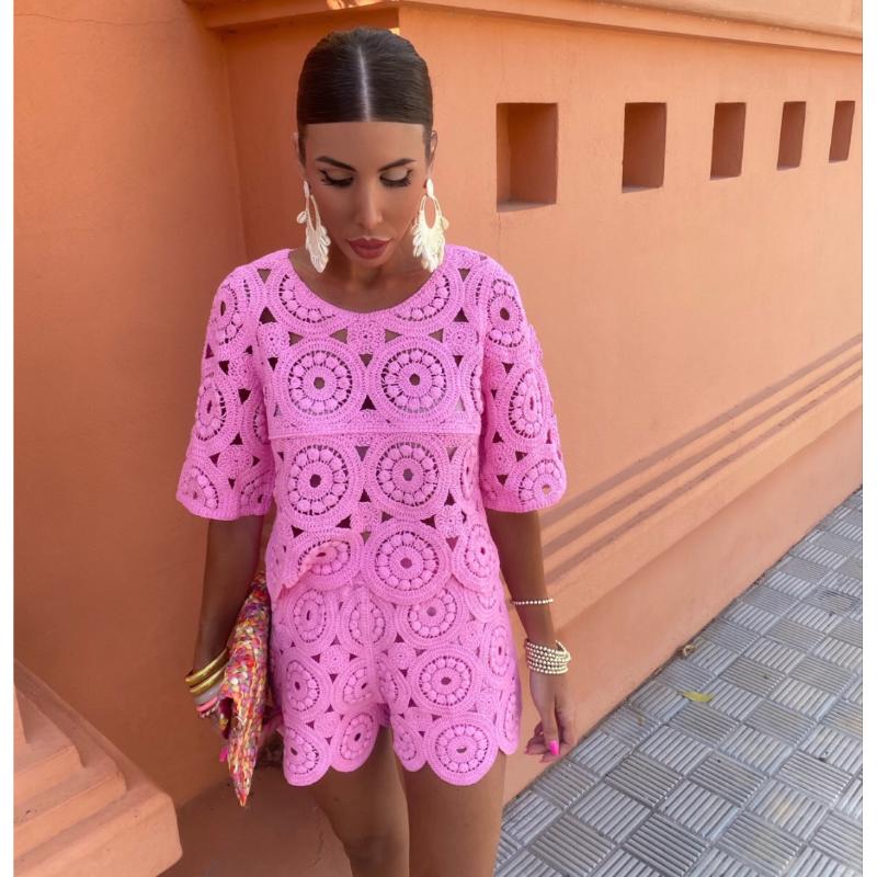 Σέξι Διχτυωτά Κροσέ Σετ Δύο Τεμαχίων Γυναικεία Μπλουζάκια με Κοντό Μανίκι + Ψηλόμεσο Χαλαρό Σορτς Γυναικεία Μόδα Σικ Μονόχρωμα Streetwear Κοστούμια Παραλίας