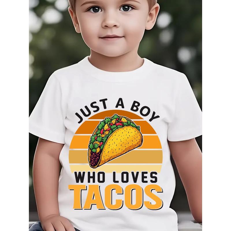 European sizes Summer Boys' Fashion Short Sleeve "Just A Boy Who Loves Tacos" Letter Element Series Print Casual Outdoor Top