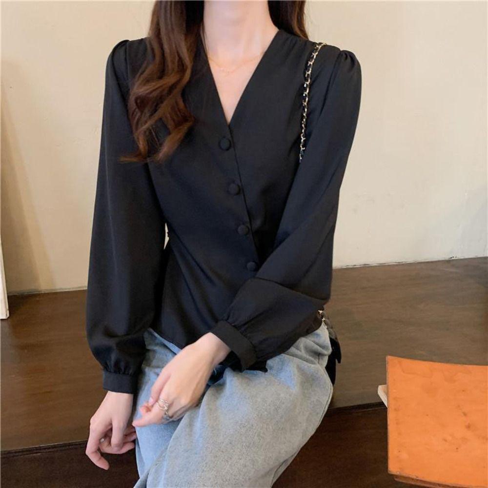 V-neck Long Sleeve Shirts Slim Fit Button Up Blouse Chic Office Ladies Tops Office