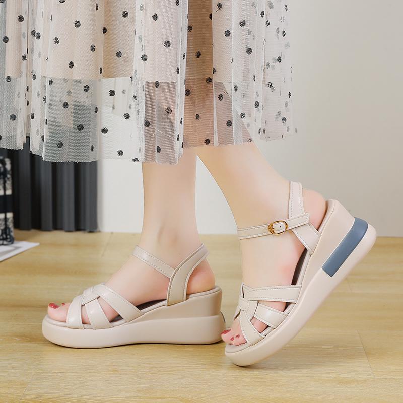 Genuine PU Leather Sandals Women Summer Brand Shoes Retro Hollow Out 7CM High Heels Wedge Set Foot Women Leather Sandals