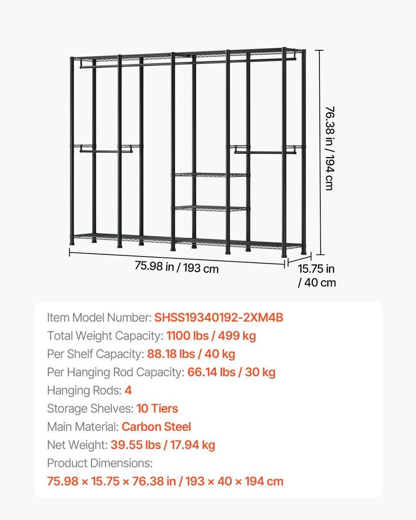 Clothing Garment Rack, Heavy Duty Closet Wardrobe, Adjustable Tiers Clothes Racks with Steel Frame, 499 kg Load Capacity Clothes Rack with 4 Hanging
