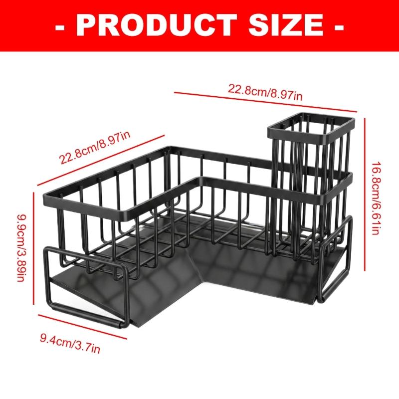 Black Metal Sink Storage Rack With Separate Baskets and Base Tray, Freestanding Corner Holder for Cleaning Tools and Counter Storage for Daily Sink