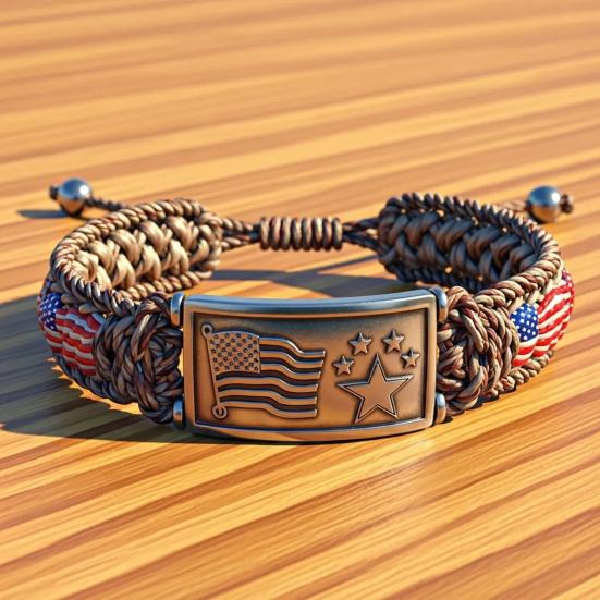 Patriotic American Flag Bracelet Engraved Metal Centerpiece Adjustable Knot Design Wristband Patriotic Accessory
