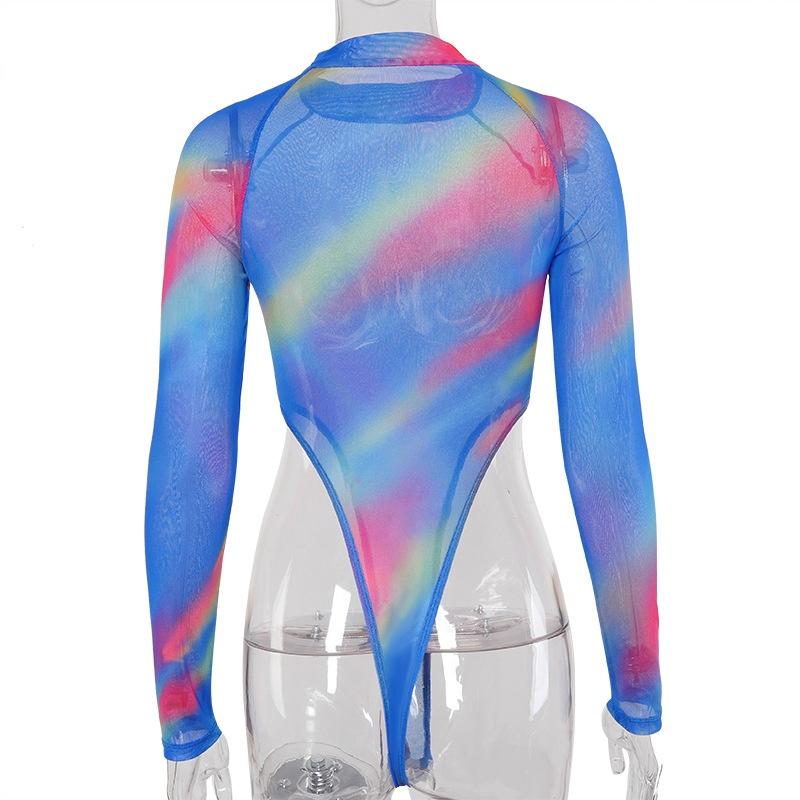 Damen Sommer Mesh Tie-Dye Langarm Slim Fit Bodysuit