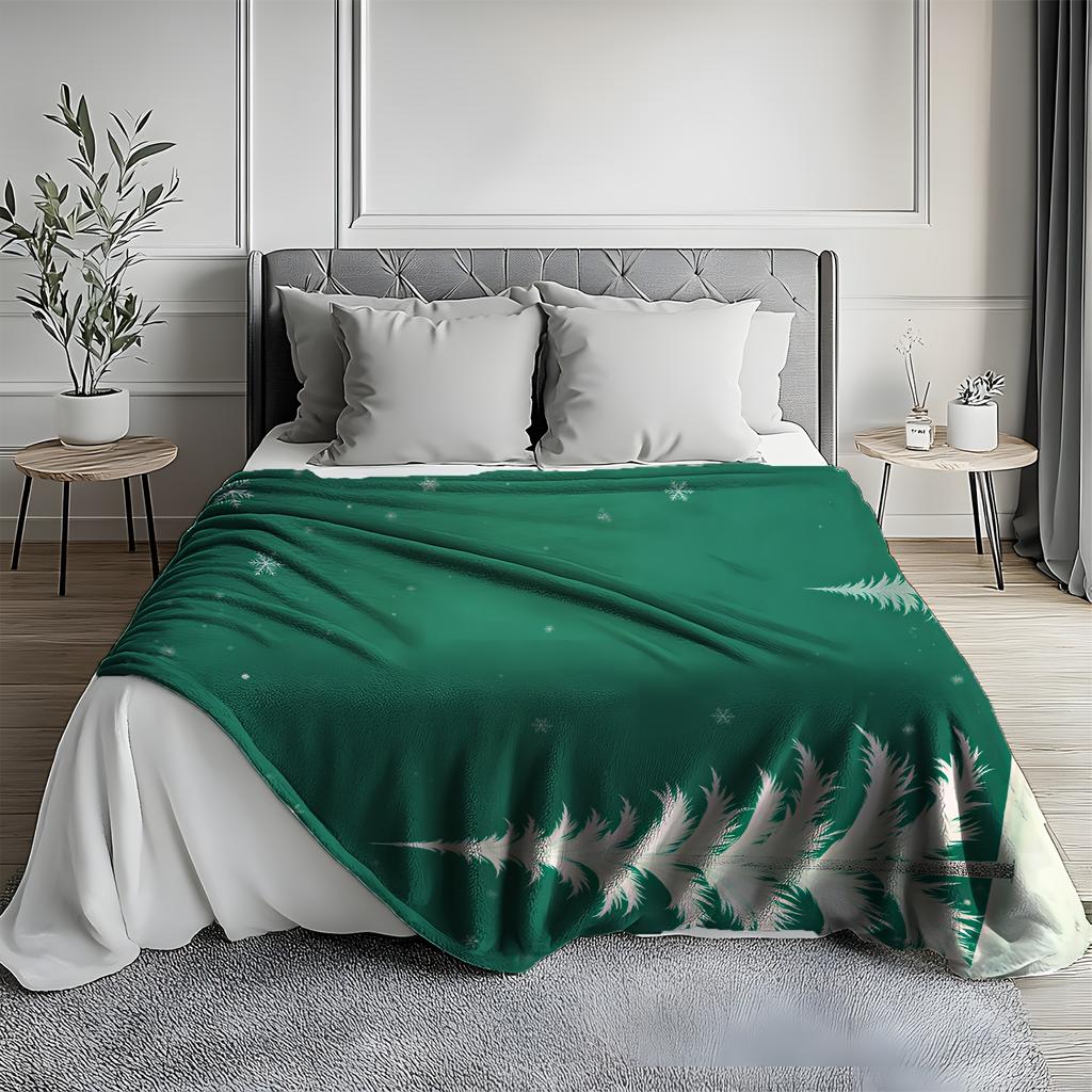 1pc Vintage Style Flannel Throw Blanket with Cedar & Snowflake Print, Polyester Fabric, All-Season Cozy Warm Soft Blanket