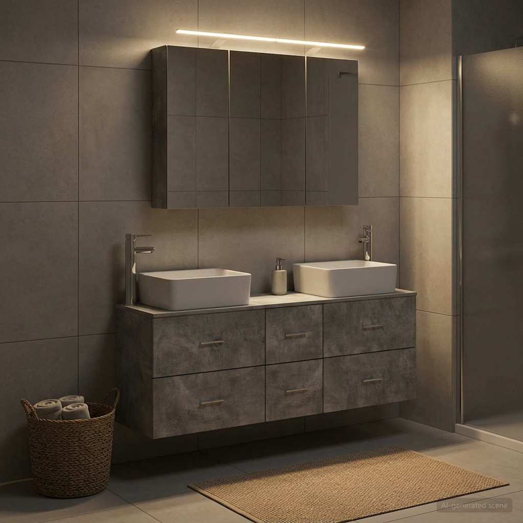 Bathroom Furniture Set 4 Pcs Concrete Grey Engineered Wood and Glass