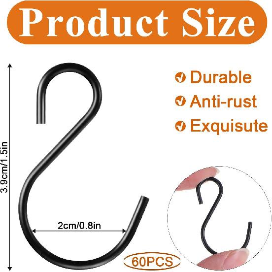 60 Pack Small S Hooks, 1.5 Inch S-Hooks Ornament Storage Hook for Hanging Jewelry Black S Shaped Hook for Spoons Pans Utensils Kitchenware Potted