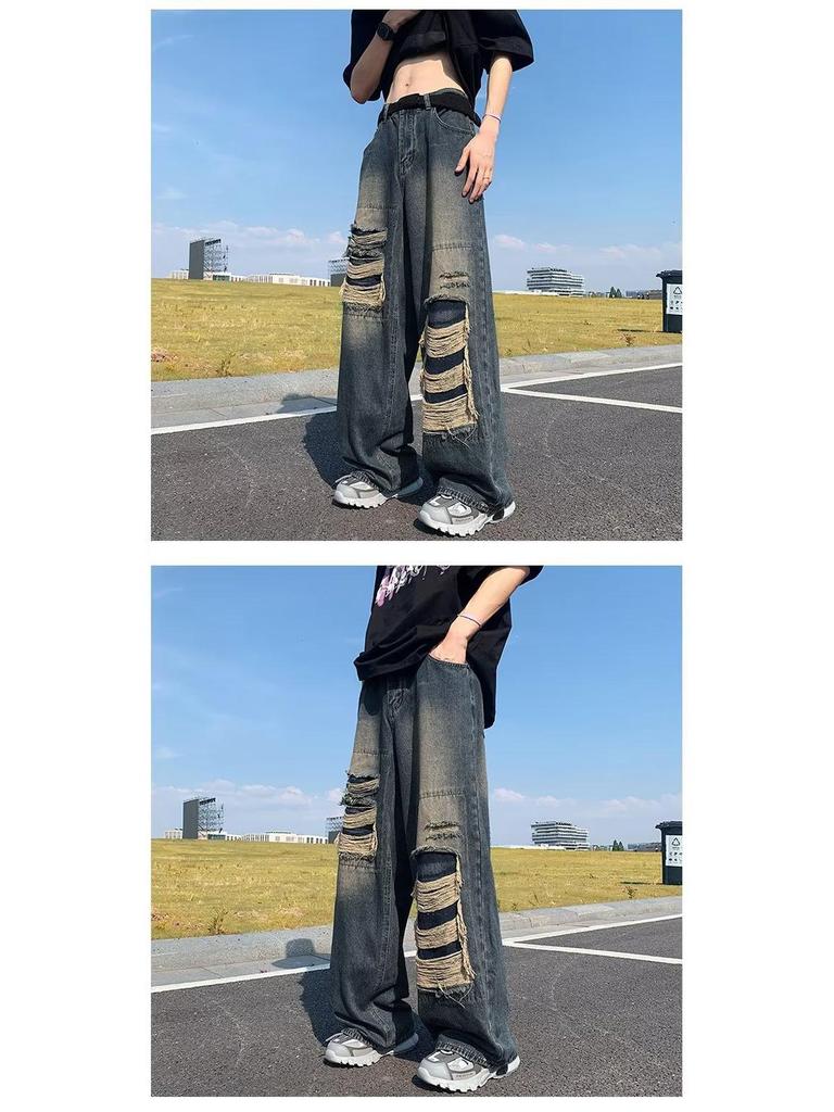Men's Summer American Retro Ripped Wide-Leg Jeans - Washed, Distressed, Loose Fit, High Street Style.