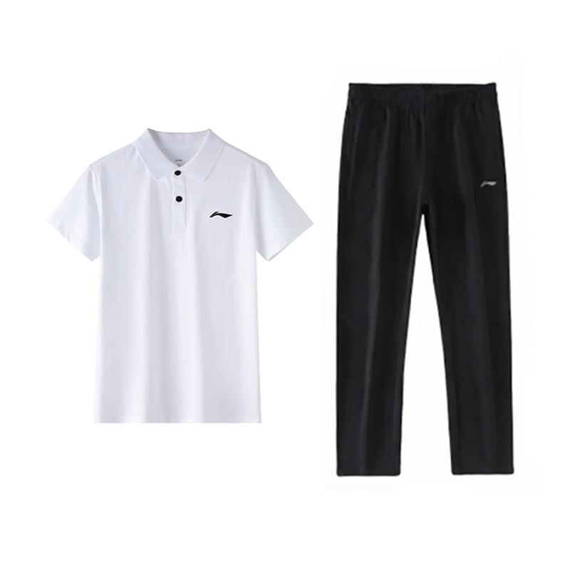 

Li-Ning Plain Simple Breathable Cotton Comfortable Versatile Pullover Short Sleeve Polo Shirt Casual Sports Suit Unisex suit APLV723-2+AKLU881-1 S