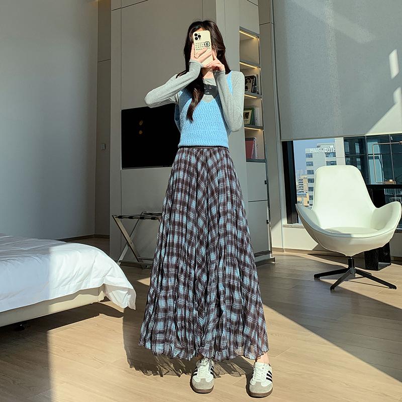 

Women s Retro Plaid A-line Skirt: 2026 Spring Mid-length, Irregular Hem S