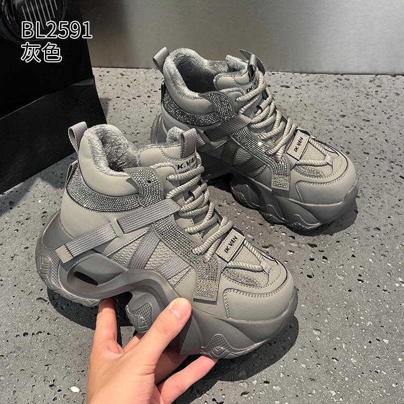 Thick-soled high-top dad shoes New leather rhinestone casual sports shoes in autumn